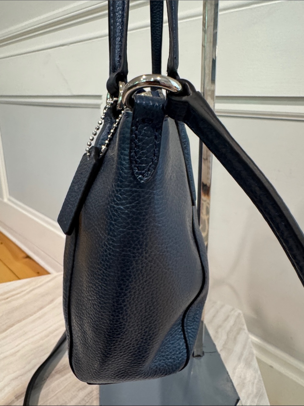 COACH Bag Mini Kelsey Pebbled Leather Metallic Navy Tote Crossbody - Picture 7 of 17